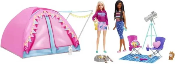 Barbie Kampeerspeelset met 2 Poppen en 2 Dierenvriendjes - Speelfigurenset