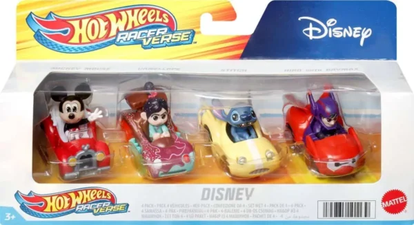 Hot Wheels RacerVerse - 4 metalen auto's met Disney bestuurder - Speelgoedvoertuig