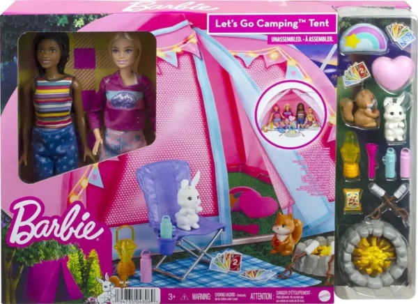 Barbie Kampeerspeelset met 2 Poppen en 2 Dierenvriendjes - Speelfigurenset