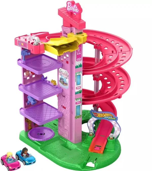 Hot Wheels RacerVerse Barbie Spiraal Race Speelset met Barbie "Malibu" & Barbie "Brooklyn" Speelgoedauto Track Set, Voertuig & circuitset