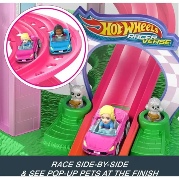 Hot Wheels RacerVerse Barbie Spiraal Race Speelset met Barbie "Malibu" & Barbie "Brooklyn" Speelgoedauto Track Set, Voertuig & circuitset
