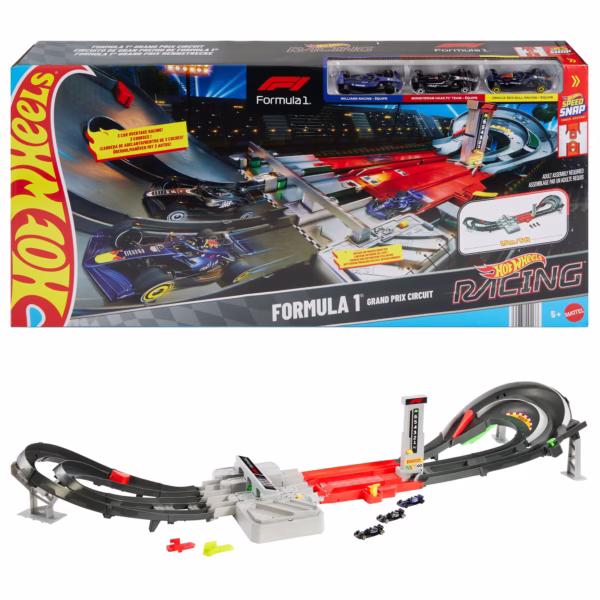 Hot Wheels Formula 1 Grand Prix Circuit, baanset met 3 metalen speelgoedauto's,