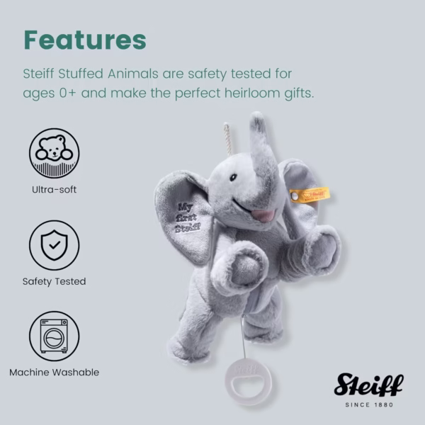 Steiff pluche muziekdoos Ellie olifant, lichtgrijs - 25 cm knuffel
