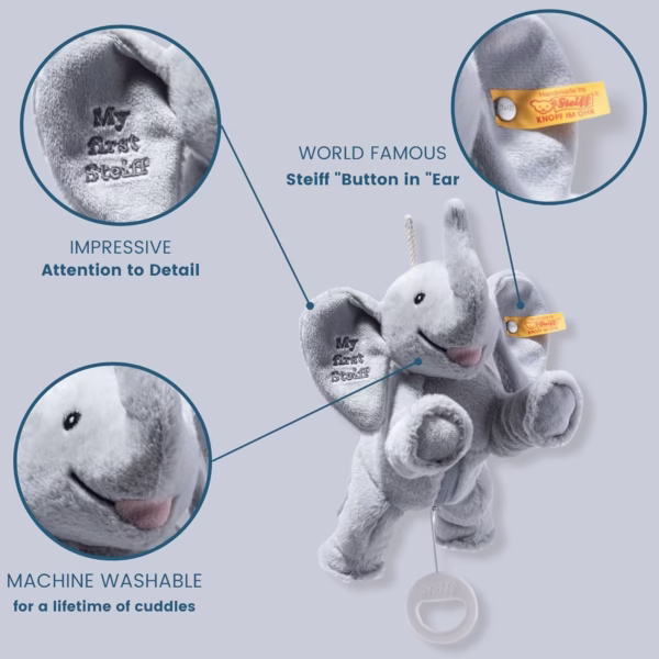 Steiff pluche muziekdoos Ellie olifant, lichtgrijs - 25 cm knuffel