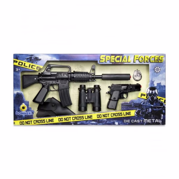 gonher-1554466-zestaw-policjanta-44664 (4) Special Forces wapen set, Revolver en Machinegeweer Metaal 8 schot + acc.