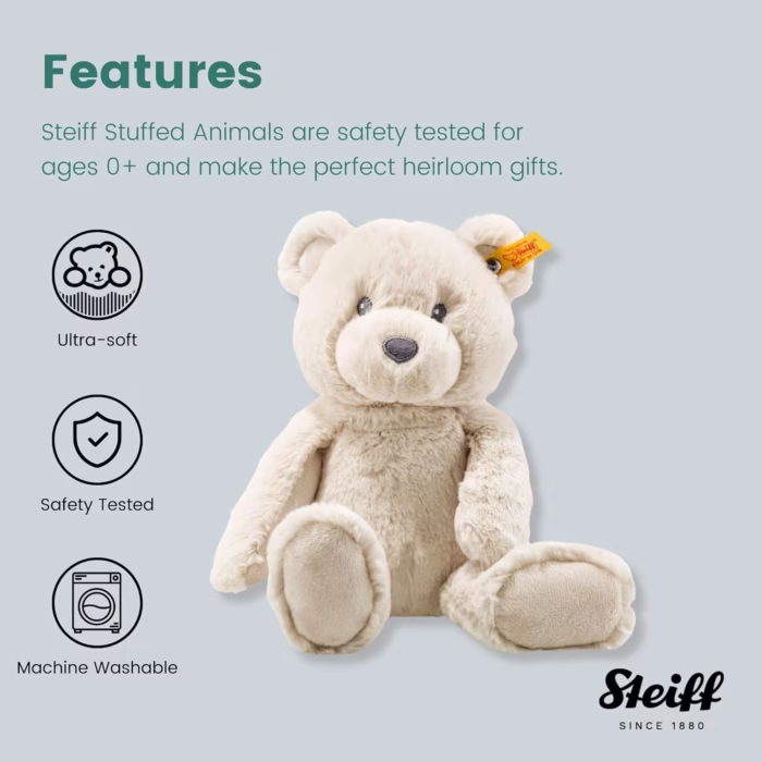 Steiff Bearzy beige, Steiff teddybeer 28 cm, Soft Cuddly Friends pluche, baby knuffelbeer kopen, kraamcadeau teddybeer, Steiff 241536, eerste knuffel baby.